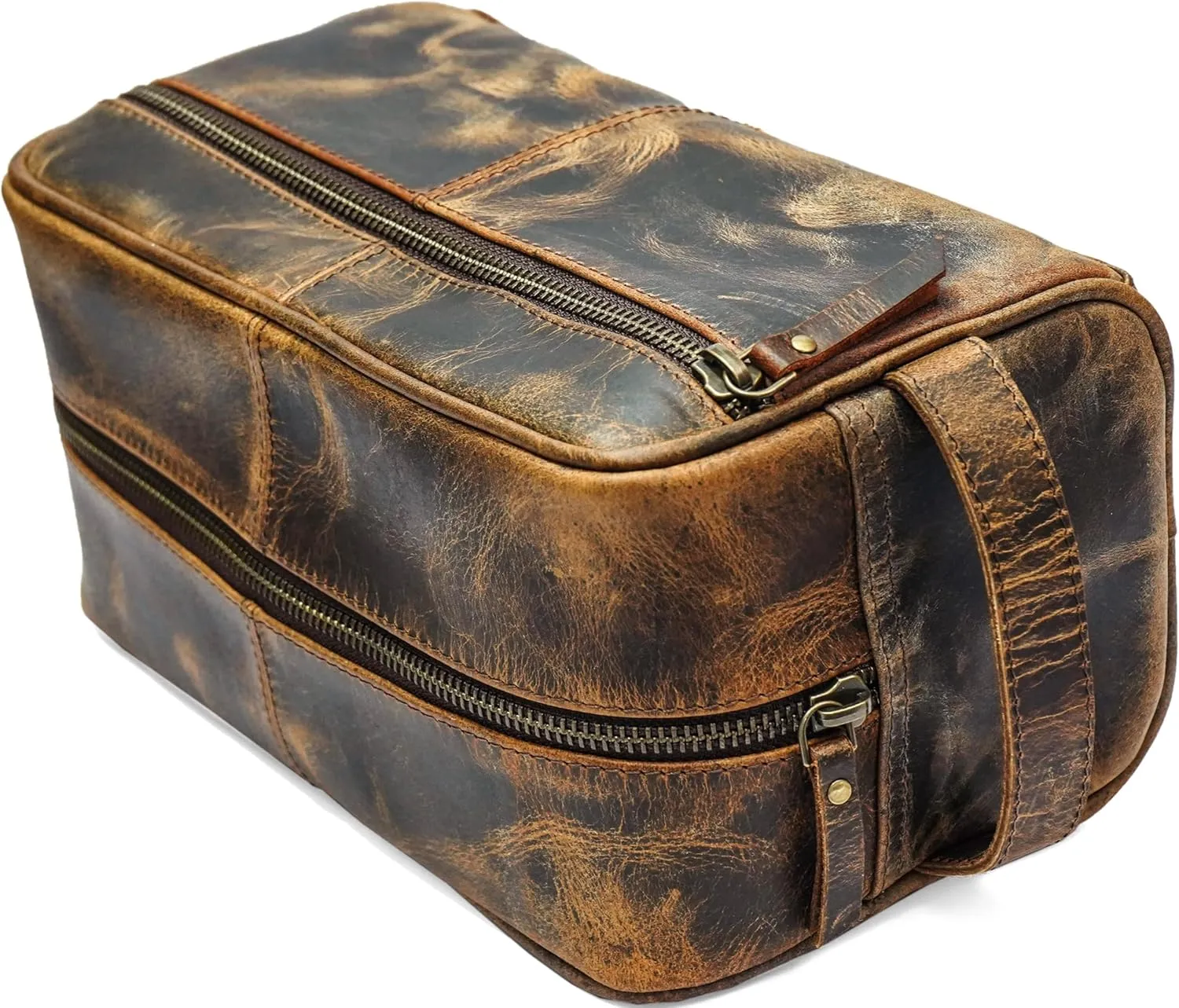 jaald Men's Genuine Leather Toiletry Bag Waterproof Dopp Kit Shaving Bags And Grooming For Travel Groomsmen Gift Men Women Hanging Zippered Makeup Bathroom Cosmetic Pouch Case Make Up kit