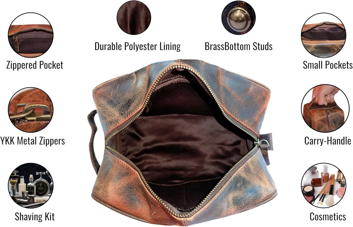 jaald Men's Genuine Leather Toiletry Bag Waterproof Dopp Kit Shaving Bags And Grooming For Travel Groomsmen Gift Men Women Hanging Zippered Makeup Bathroom Cosmetic Pouch Case Make Up kit