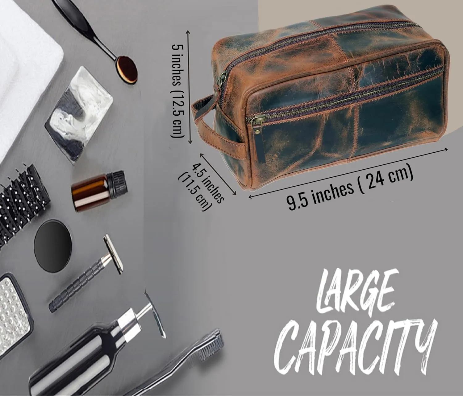 jaald Men's Genuine Leather Toiletry Bag Waterproof Dopp Kit Shaving Bags And Grooming For Travel Groomsmen Gift Men Women Hanging Zippered Makeup Bathroom Cosmetic Pouch Case Make Up kit