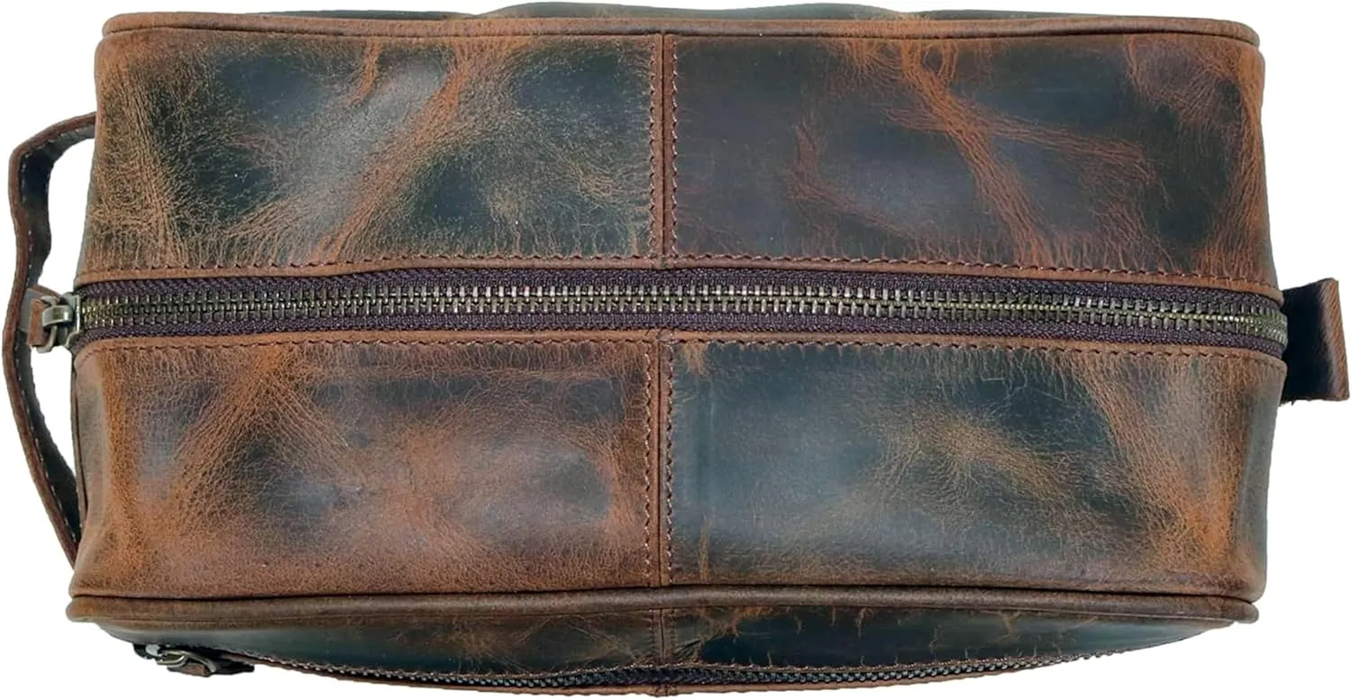 jaald Men's Genuine Leather Toiletry Bag Waterproof Dopp Kit Shaving Bags And Grooming For Travel Groomsmen Gift Men Women Hanging Zippered Makeup Bathroom Cosmetic Pouch Case Make Up kit