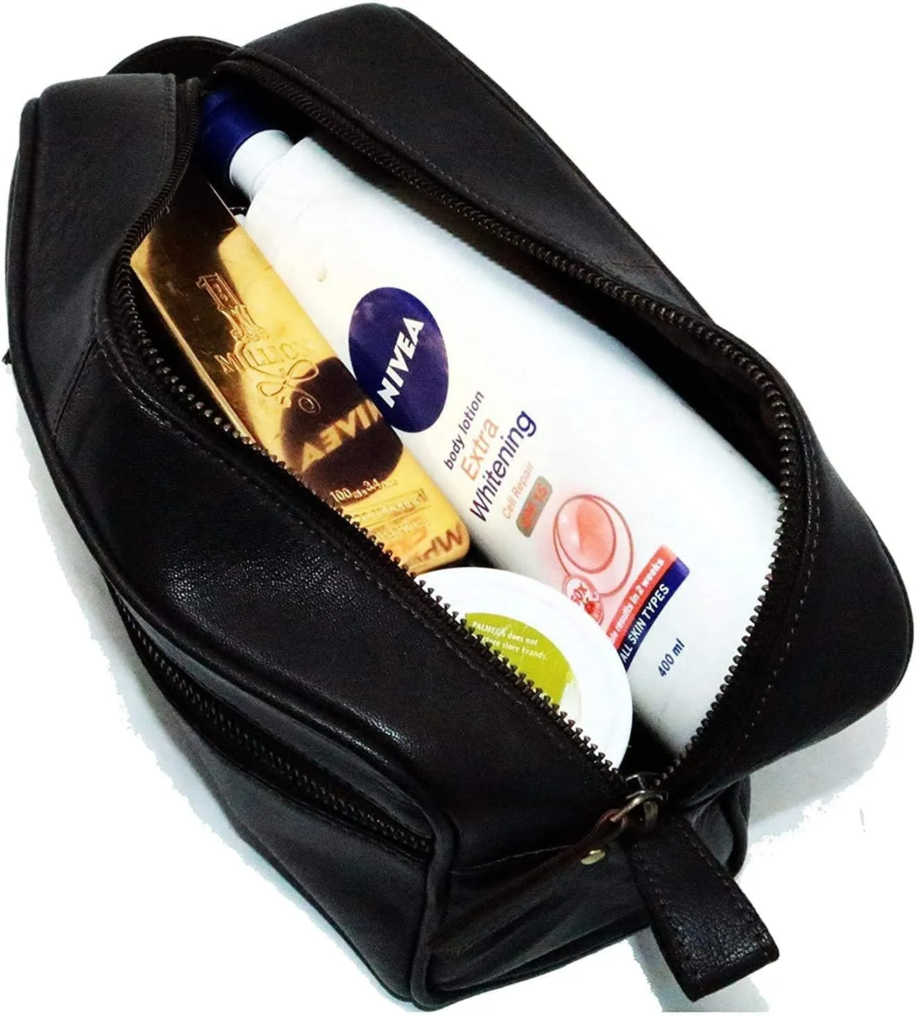 jaald Men's Genuine Leather Toiletry Bag Waterproof Dopp Kit Shaving Bags And Grooming For Travel Groomsmen Gift Men Women Hanging Zippered Makeup Bathroom Cosmetic Pouch Case Make Up kit