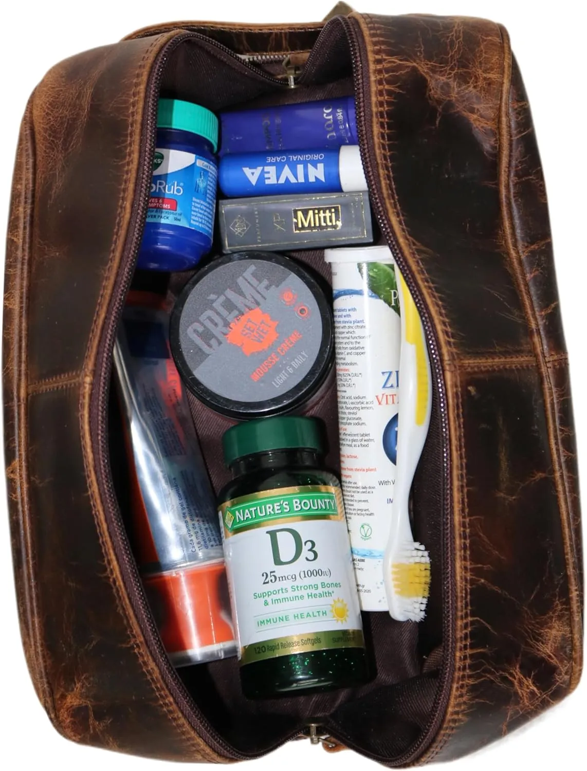 jaald Men's Genuine Leather Toiletry Bag Waterproof Dopp Kit Shaving Bags And Grooming For Travel Groomsmen Gift Men Women Hanging Zippered Makeup Bathroom Cosmetic Pouch Case Make Up kit