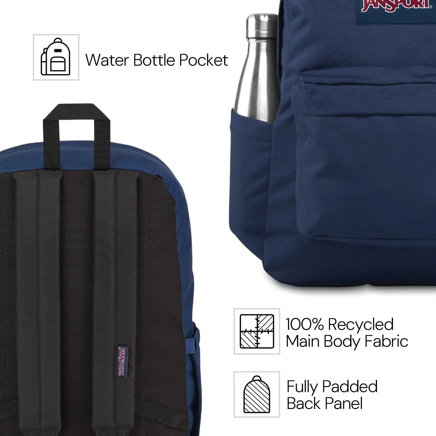 JanSport SuperBreak Plus Backpack with Padded 15-inch Laptop Sleeve and Integrated Bottle Pocket - Spacious and Durable Daypack for Work and Travel - Navy