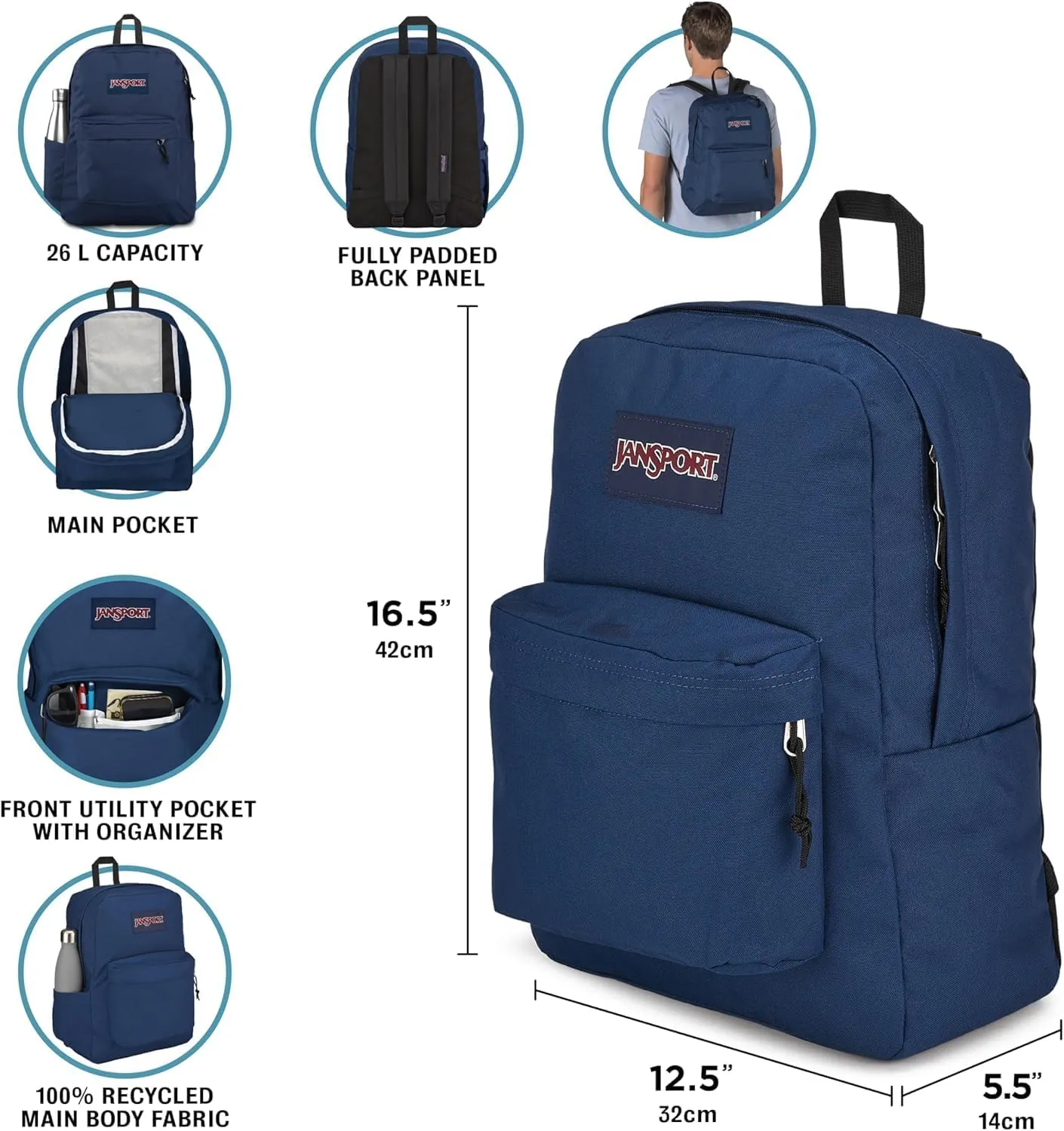 JanSport SuperBreak Plus Backpack with Padded 15-inch Laptop Sleeve and Integrated Bottle Pocket - Spacious and Durable Daypack for Work and Travel - Navy