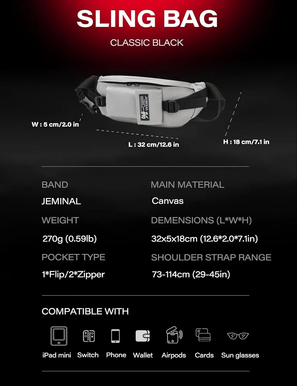 JEMINAL Sling Bag: Diamond-Grid Pattern 4L Light Spacious Crossbody Shoulder Everyday Carry Bag with Quick-adjust Strap - Double Layered Fabric Funny Pack for Men, Women, Travel, Sport (LT GRY)