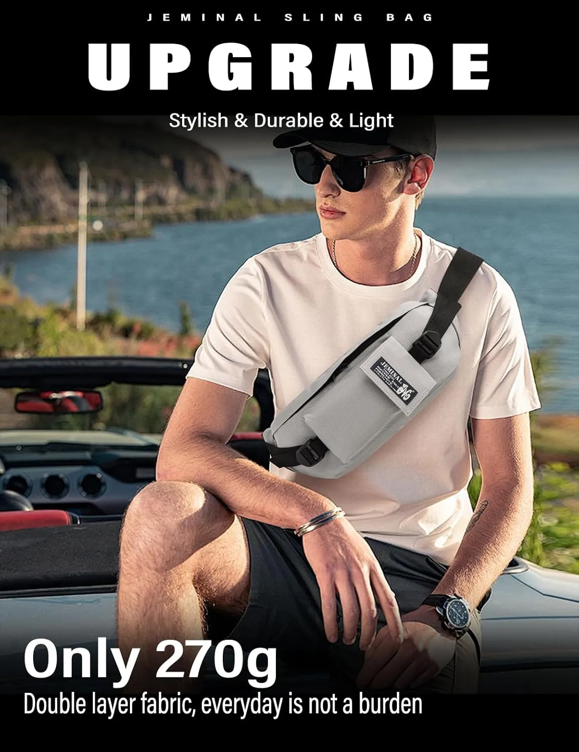 JEMINAL Sling Bag: Diamond-Grid Pattern 4L Light Spacious Crossbody Shoulder Everyday Carry Bag with Quick-adjust Strap - Double Layered Fabric Funny Pack for Men, Women, Travel, Sport (LT GRY)
