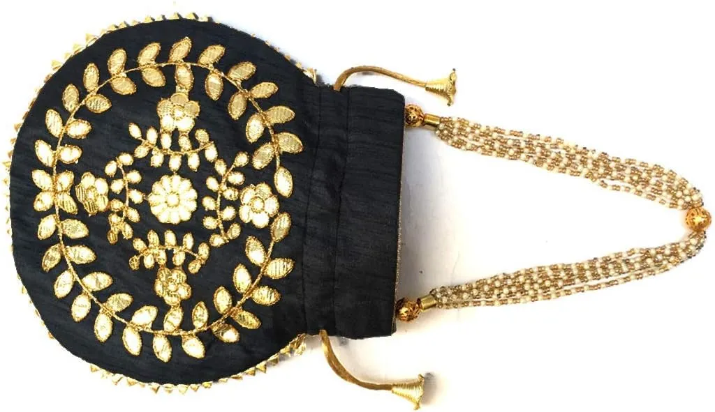 Jewelry Coin Pouch Gotta Patti Work Potli Bag for Women Batwa Wedding Gifts Pearls Handle Clutch Drawstring Purse H*L(cm):- 23 * 24 Black