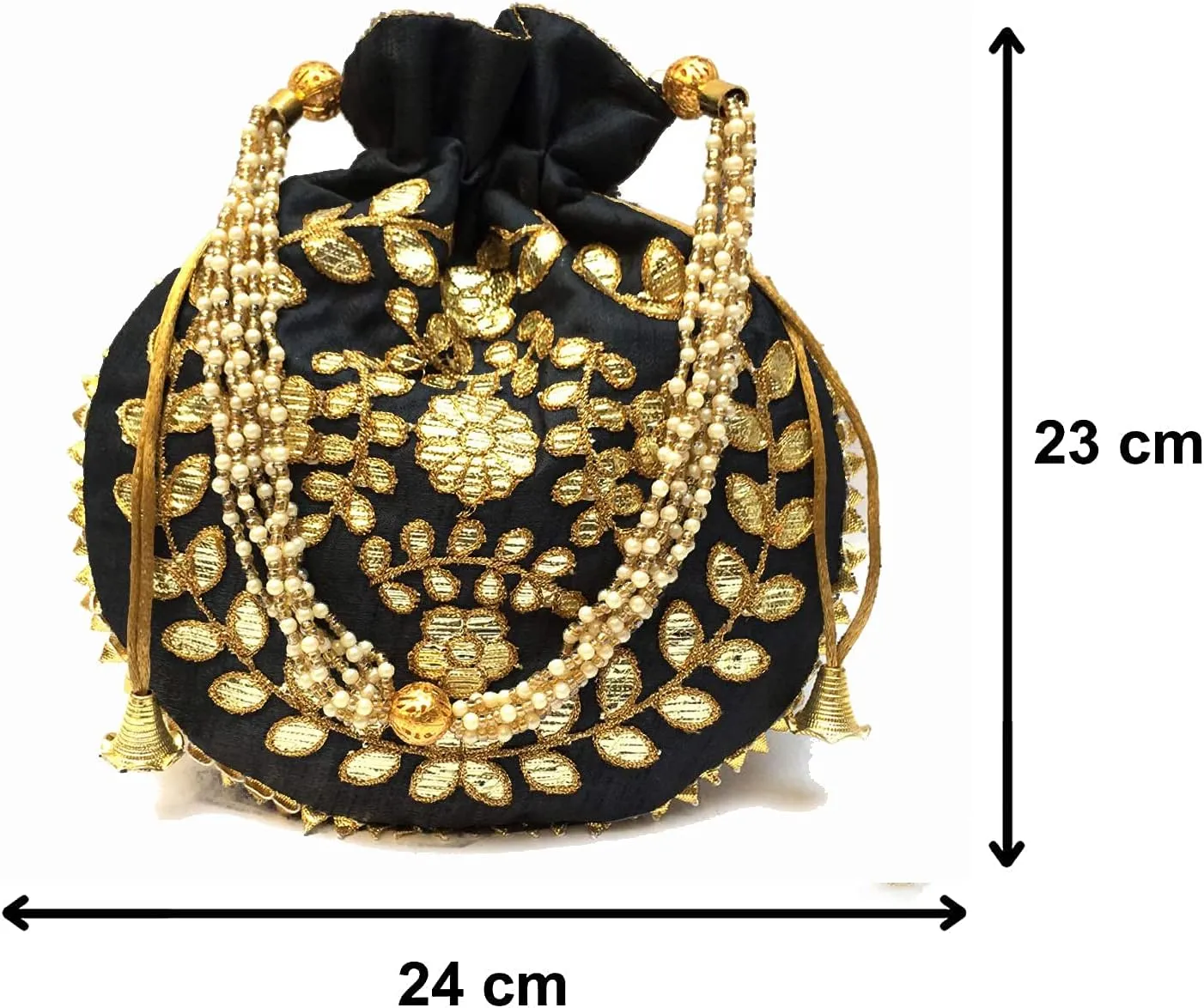 Jewelry Coin Pouch Gotta Patti Work Potli Bag for Women Batwa Wedding Gifts Pearls Handle Clutch Drawstring Purse H*L(cm):- 23 * 24 Black
