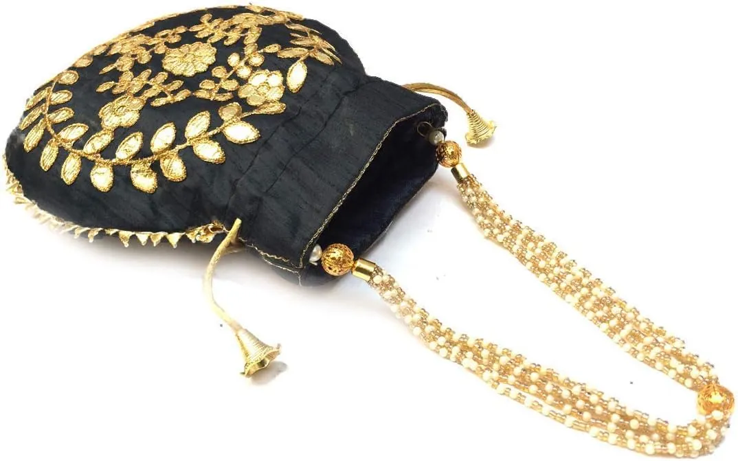 Jewelry Coin Pouch Gotta Patti Work Potli Bag for Women Batwa Wedding Gifts Pearls Handle Clutch Drawstring Purse H*L(cm):- 23 * 24 Black
