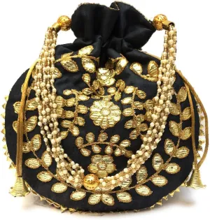 Jewelry Coin Pouch Gotta Patti Work Potli Bag for Women Batwa Wedding Gifts Pearls Handle Clutch Drawstring Purse H*L(cm):- 23 * 24 Black