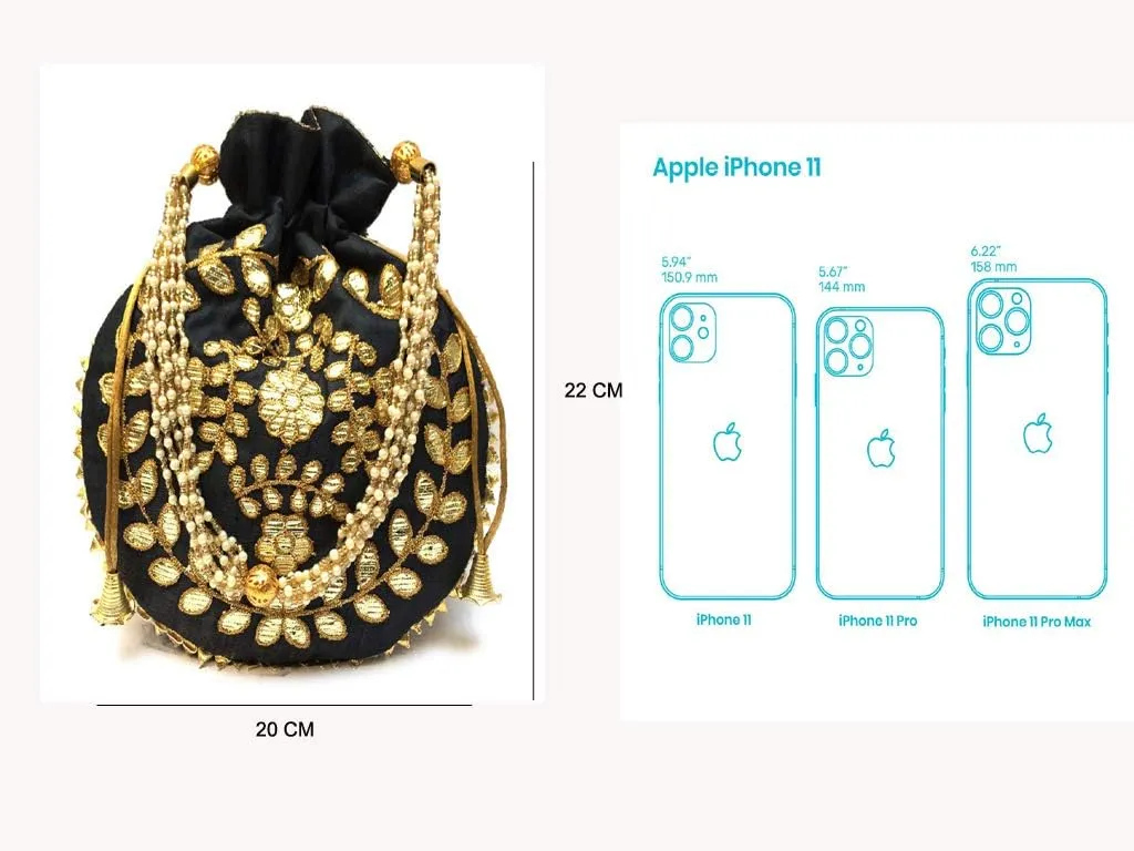 Jewelry Coin Pouch Gotta Patti Work Potli Bag for Women Batwa Wedding Gifts Pearls Handle Clutch Drawstring Purse H*L(cm):- 23 * 24 Black