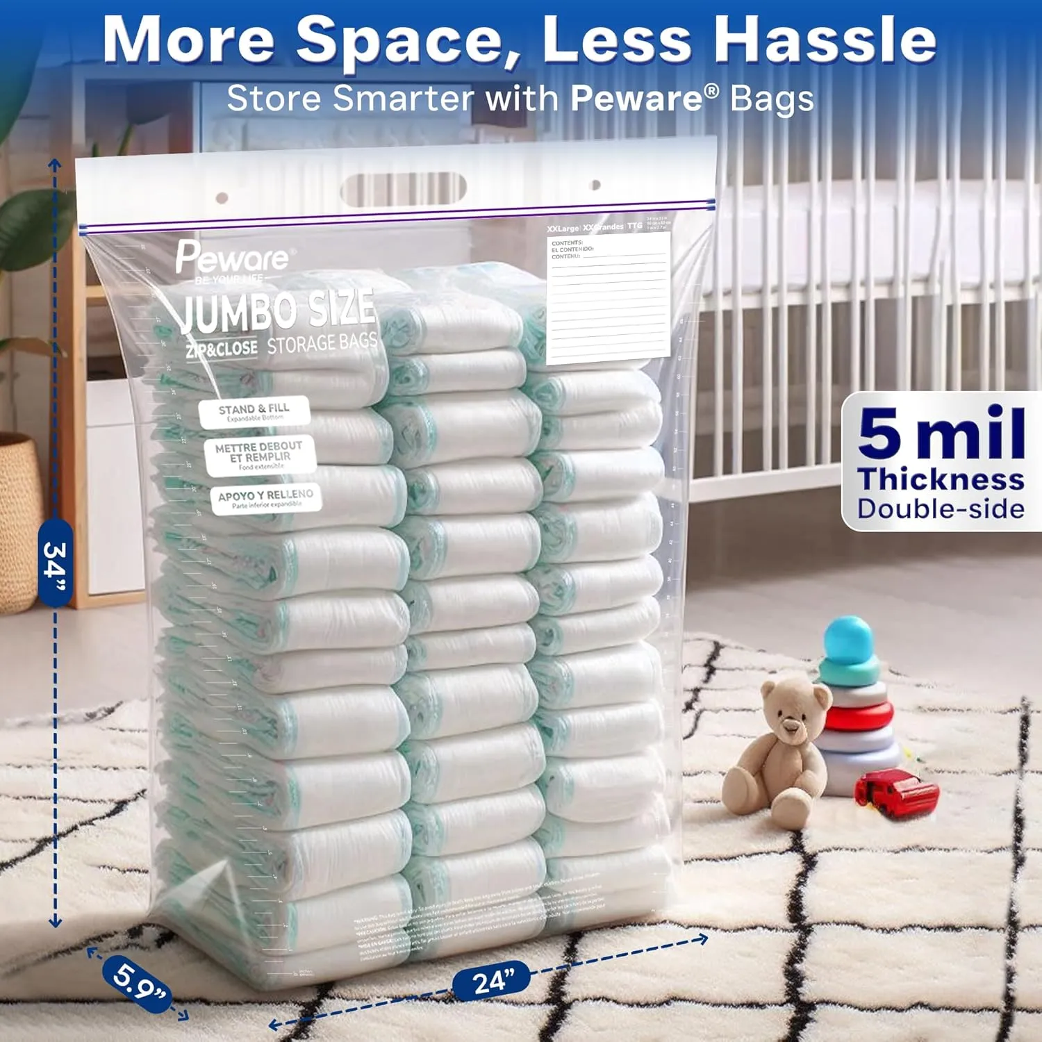 Jumbo Plastic Storage Bags, Extra Large 20Gallon Resealable Zipper Lock Seal Bags for Bedding, Clothes, Travel, and Food, Moving Totes, 24"x34", 5 Pack