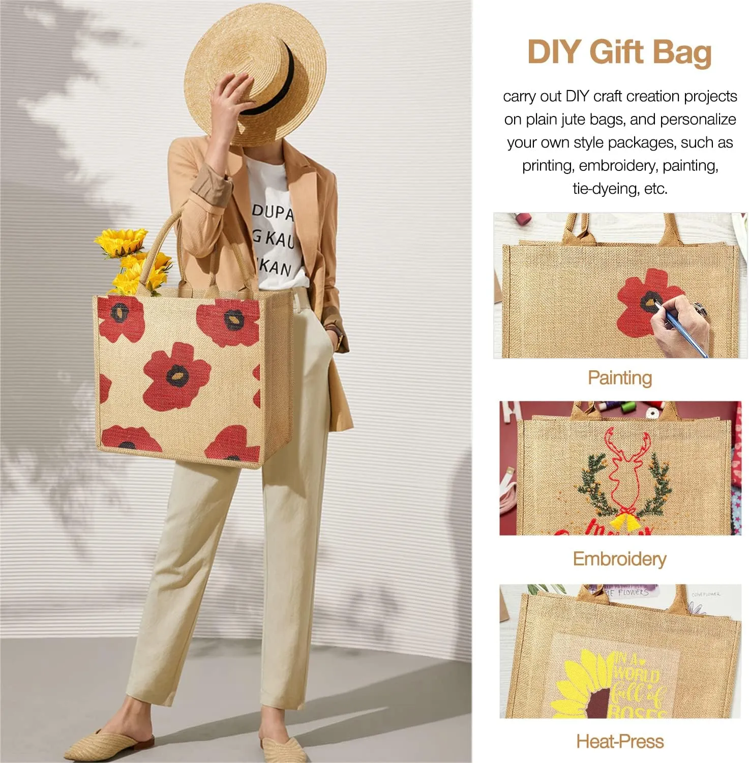 Jute Tote Bags, Burlap Bags with Laminated Interior and Soft Handles
