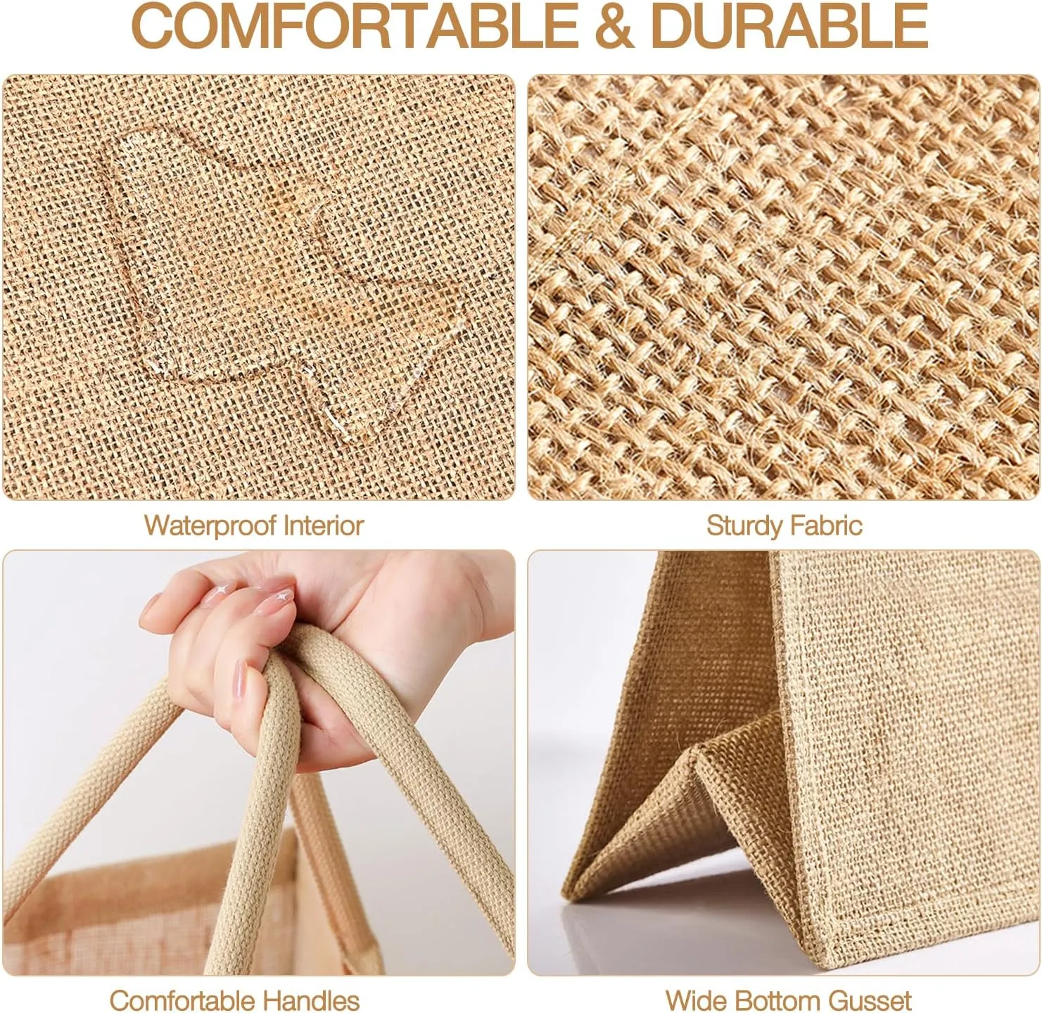 Jute Tote Bags, Burlap Bags with Laminated Interior and Soft Handles