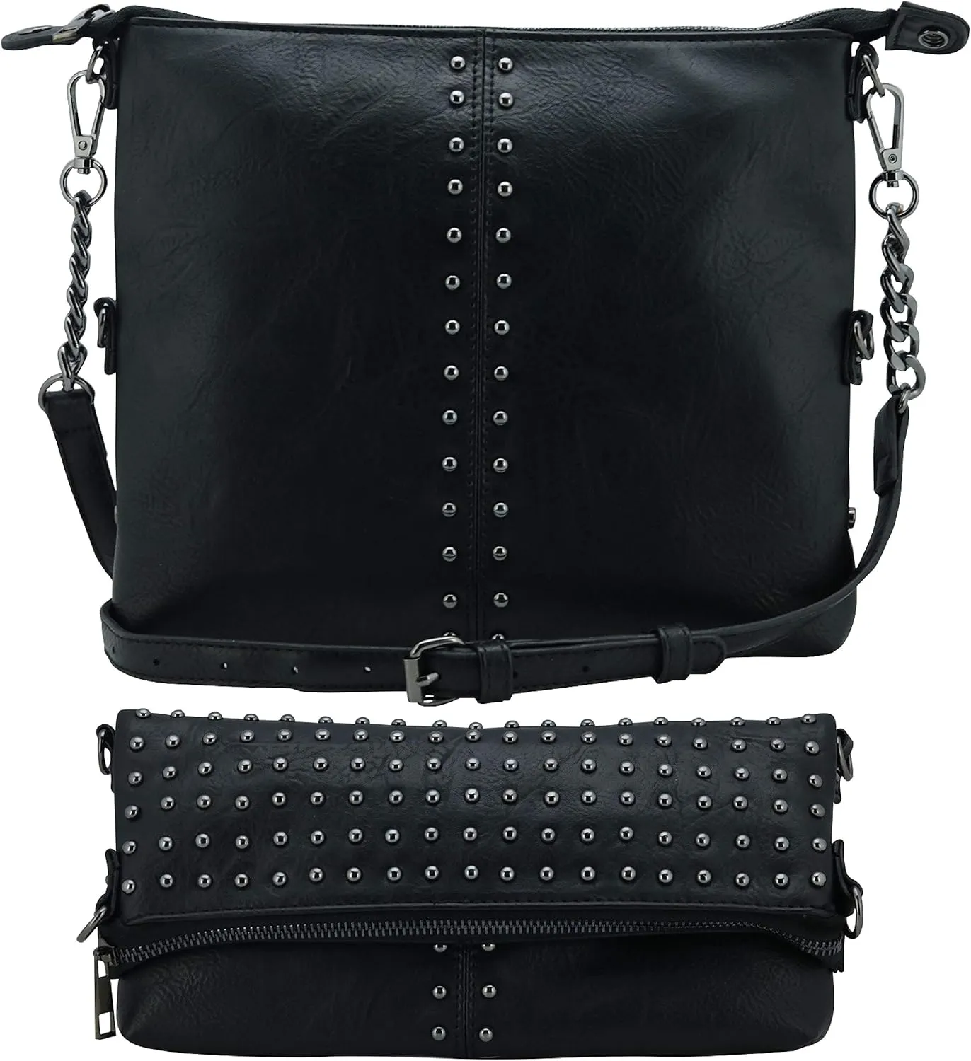 K&Bo Stevie Women’s Studded Chain Crossbody Handbag Purse, Rocker Chic Boho Medium, Converts to Clutch Bag, Lightweight