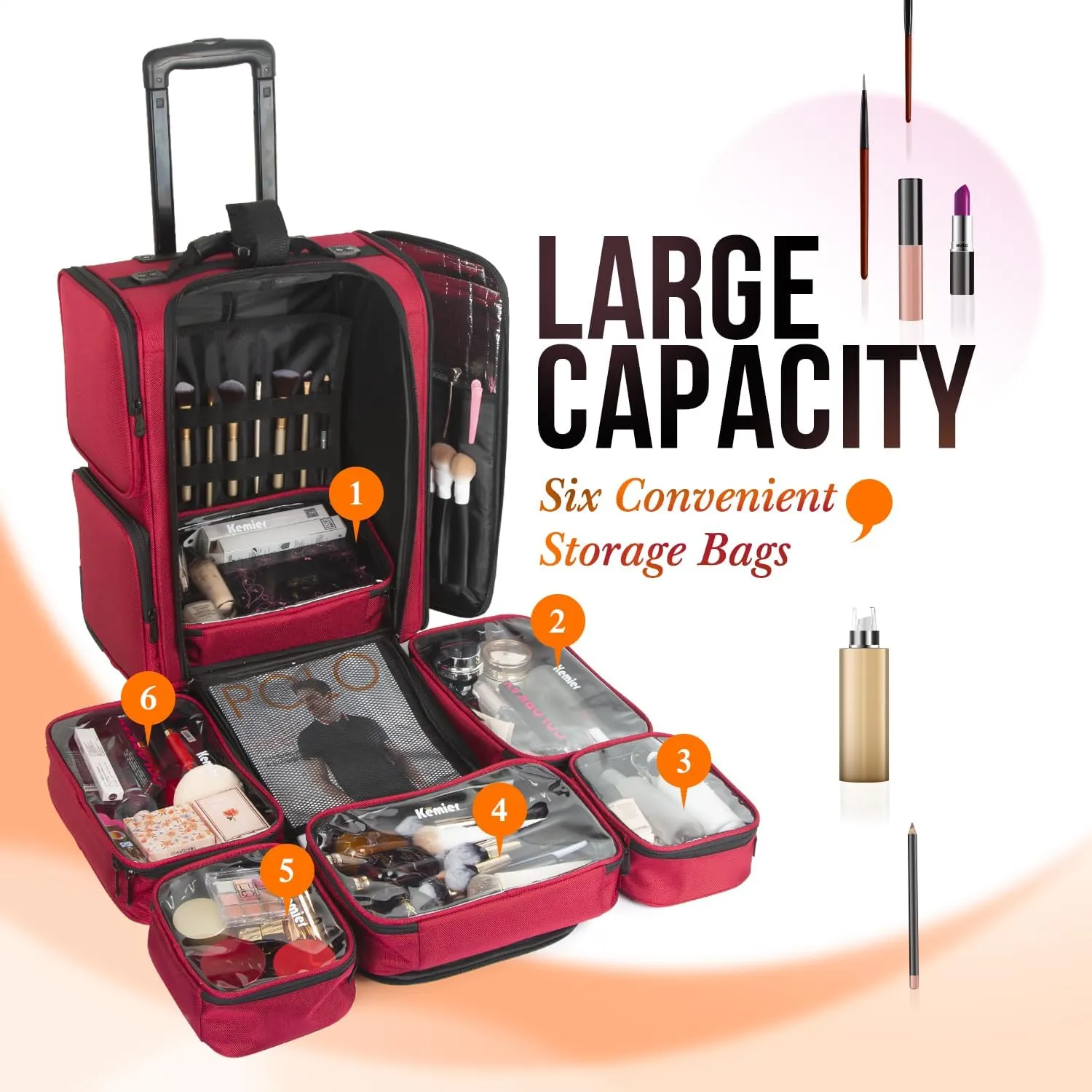 Kemier Rolling Makeup Train Case - Professional Makeup Travel Case Portable Artist Cosmetic Trolley Soft Side Nylon Large Capacity Organizer Storage bag with Wheels Red