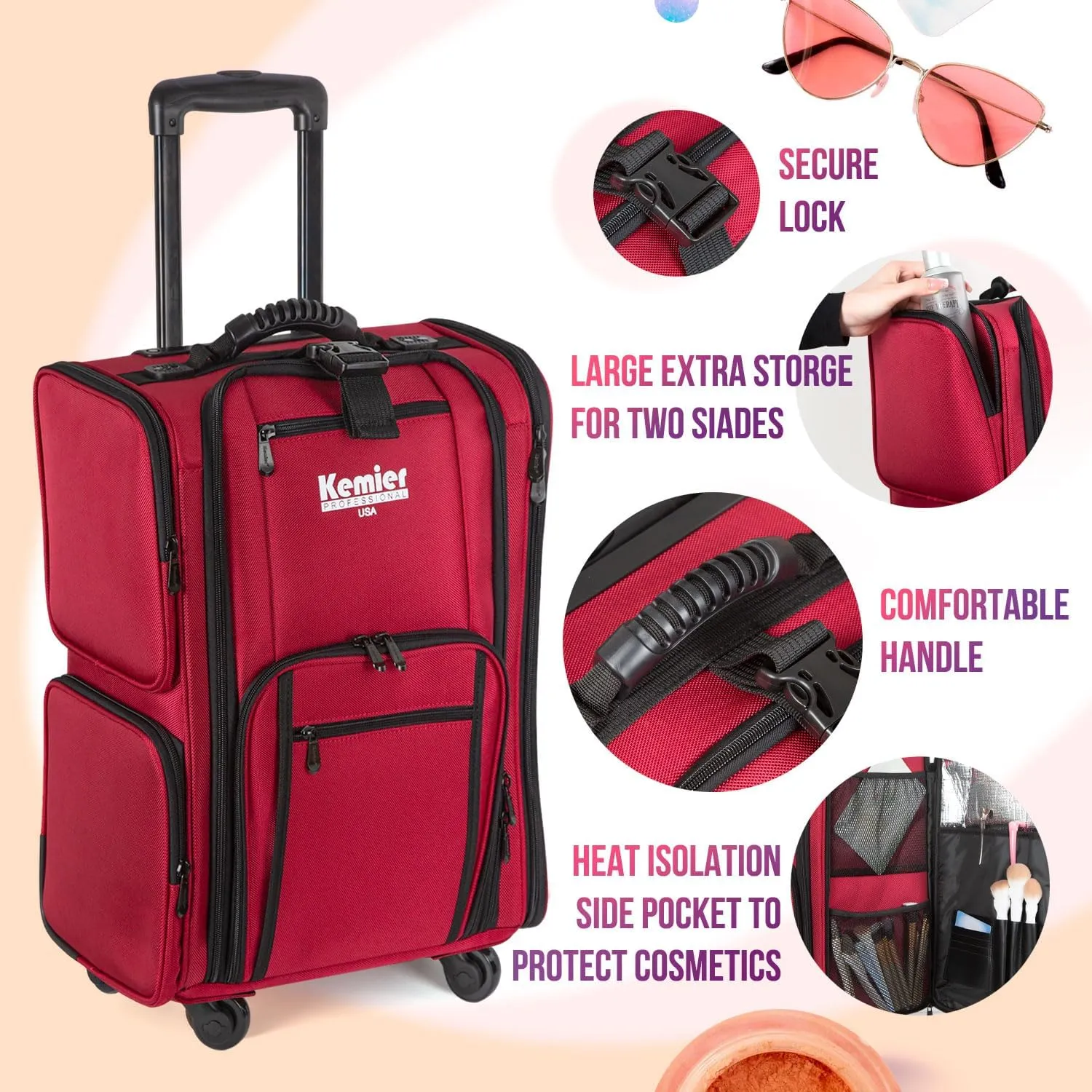 Kemier Rolling Makeup Train Case - Professional Makeup Travel Case Portable Artist Cosmetic Trolley Soft Side Nylon Large Capacity Organizer Storage bag with Wheels Red