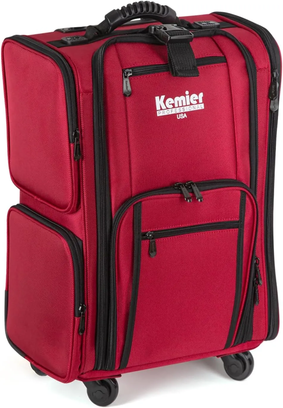 Kemier Rolling Makeup Train Case - Professional Makeup Travel Case Portable Artist Cosmetic Trolley Soft Side Nylon Large Capacity Organizer Storage bag with Wheels Red