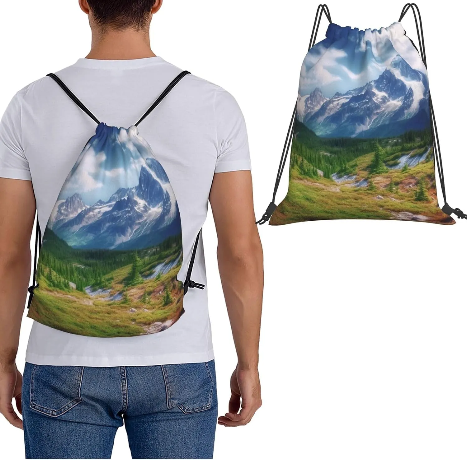 KHiry Drawstring Backpack Waterproof String Bag Mountains Landscape Drawstring Sackpack Gym Bag for Man Woman
