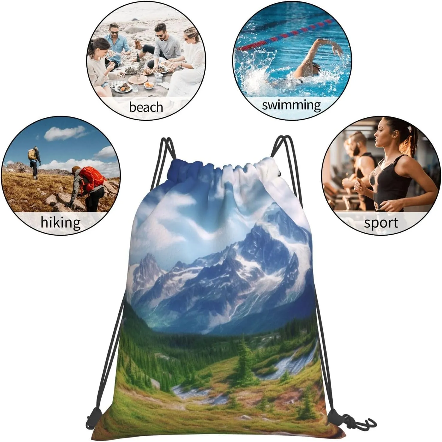KHiry Drawstring Backpack Waterproof String Bag Mountains Landscape Drawstring Sackpack Gym Bag for Man Woman