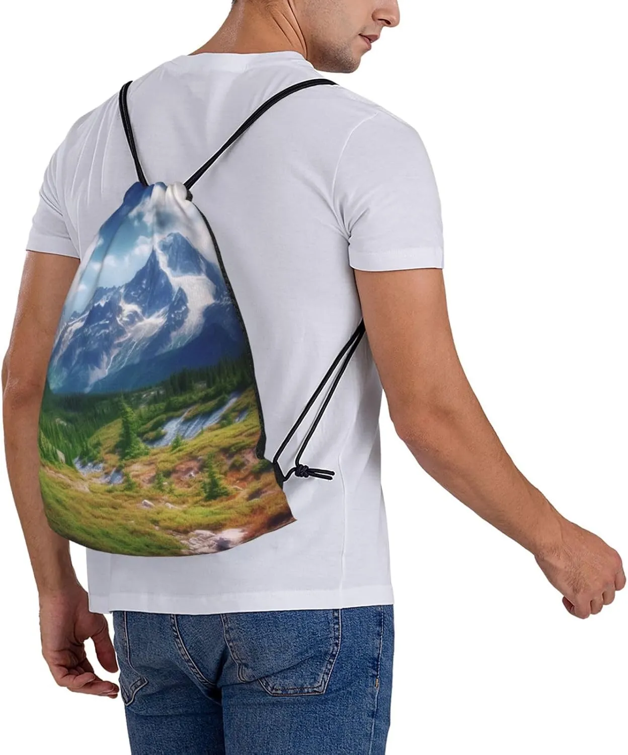 KHiry Drawstring Backpack Waterproof String Bag Mountains Landscape Drawstring Sackpack Gym Bag for Man Woman