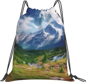 KHiry Drawstring Backpack Waterproof String Bag Mountains Landscape Drawstring Sackpack Gym Bag for Man Woman
