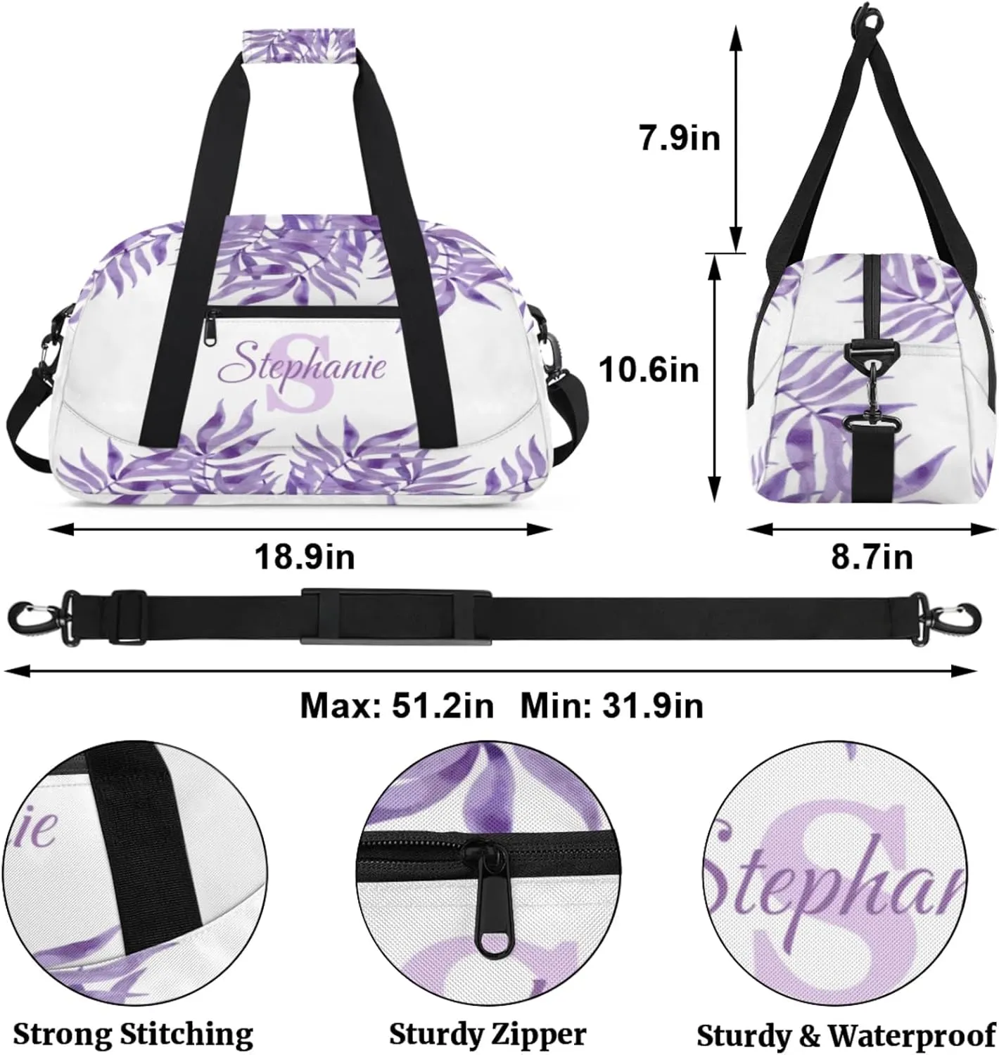 Kids Duffle Bag Personalized Gym Bag Overnight Bags, Ideal for Travel and Sports, Suitable for Men Women for Gym, Dance, Yoga, Durable Waterproof Sport Overnight Handbags Purple