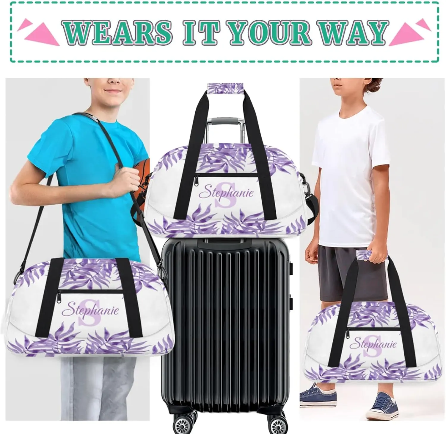 Kids Duffle Bag Personalized Gym Bag Overnight Bags, Ideal for Travel and Sports, Suitable for Men Women for Gym, Dance, Yoga, Durable Waterproof Sport Overnight Handbags Purple