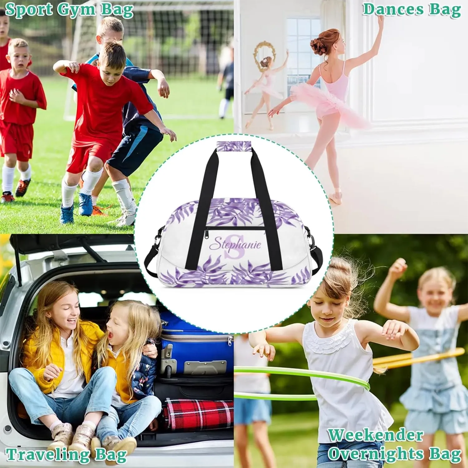Kids Duffle Bag Personalized Gym Bag Overnight Bags, Ideal for Travel and Sports, Suitable for Men Women for Gym, Dance, Yoga, Durable Waterproof Sport Overnight Handbags Purple