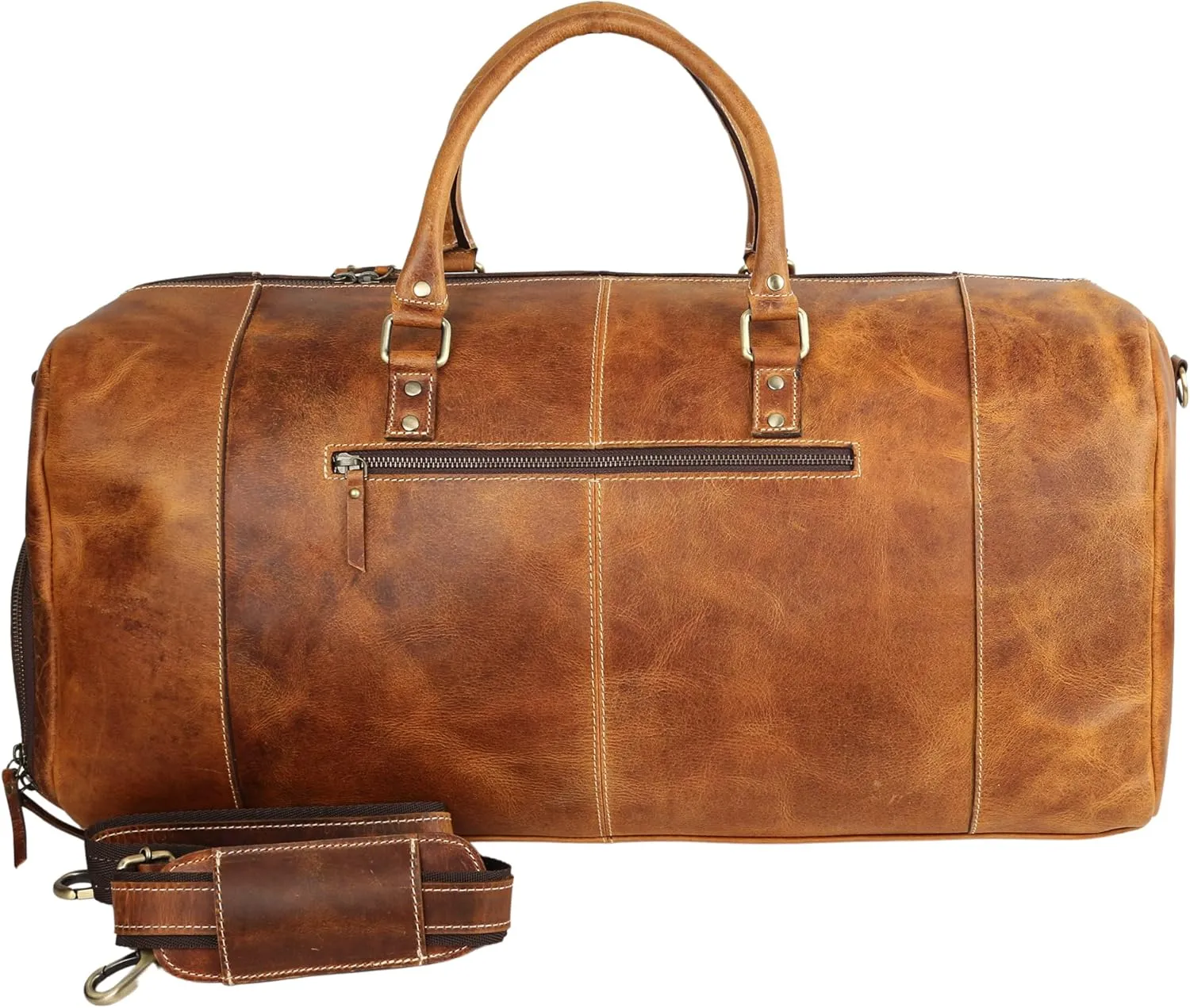 KomalC 24 Inch Leather Duffel Bags for Men and Women Full Grain Leather Travel Overnight Weekend Leather Bags Sports Gym Duffle for Men (Tan with Shoe pocket)
