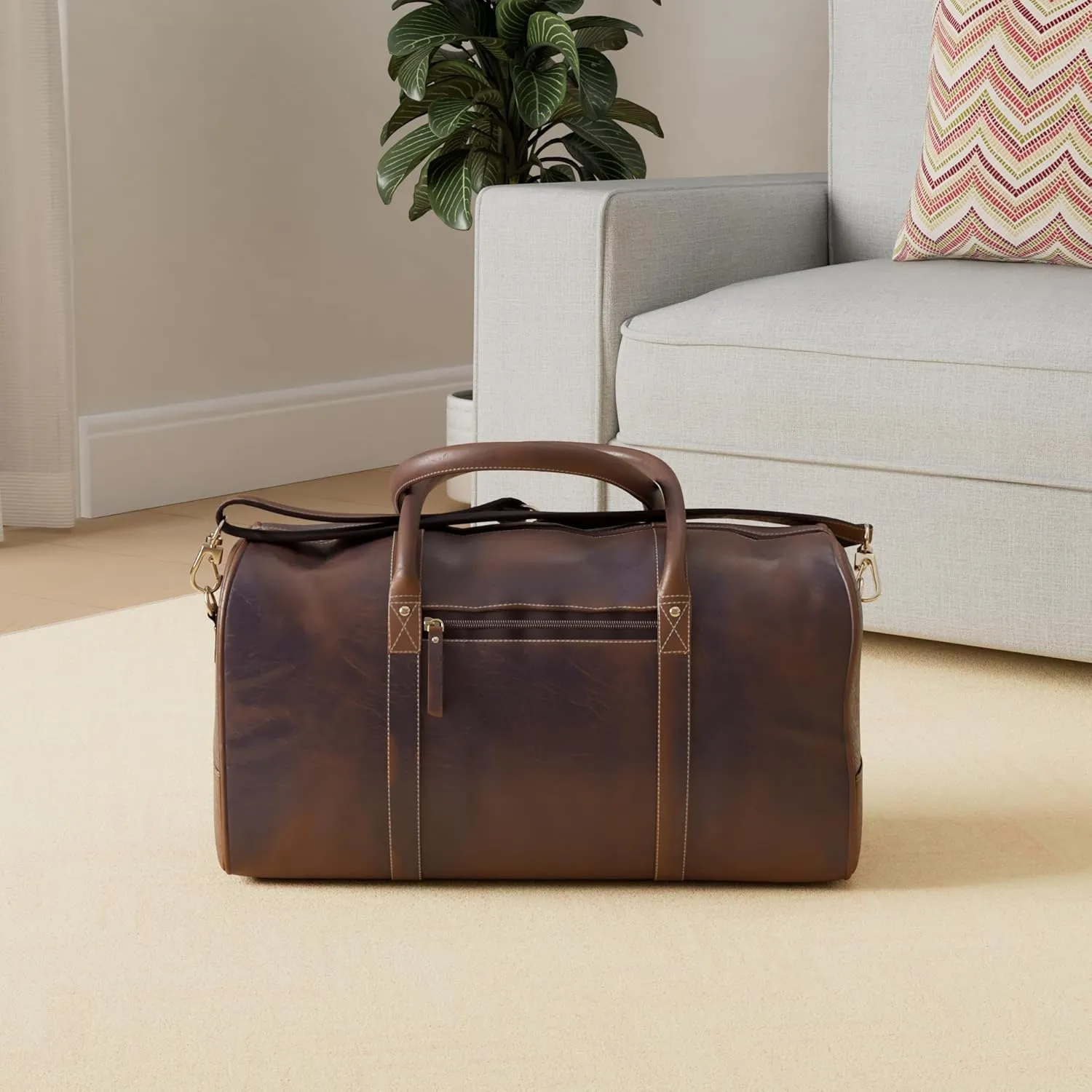 KomalC 24 Inch Leather Duffel Bags for Men and Women Travel Overnight Weekend Leather Bags Sports Gym Duffle for Men (Brown Distressed Tan)