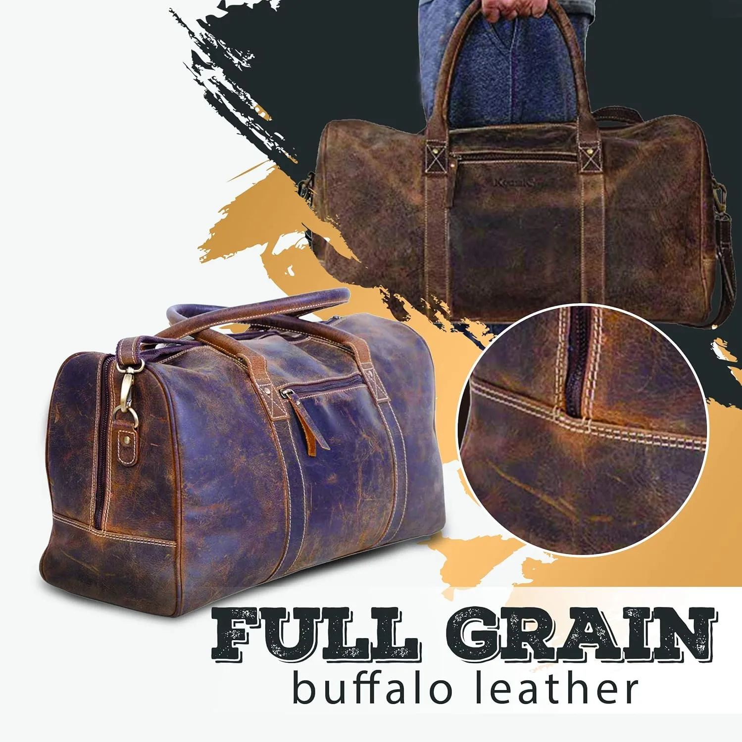 KomalC 24 Inch Leather Duffel Bags for Men and Women Travel Overnight Weekend Leather Bags Sports Gym Duffle for Men (Brown Distressed Tan)