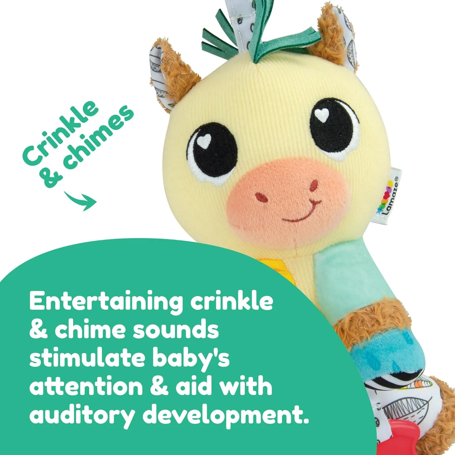 LAMAZE Carson Clydesdale Horse Clip On Stroller Toy - Baby Sensory Toys with Crinkle and Chime Sounds - Includes Clip for On-The-Go Stroller or Car Seat Play - Ages 0 Months and Up