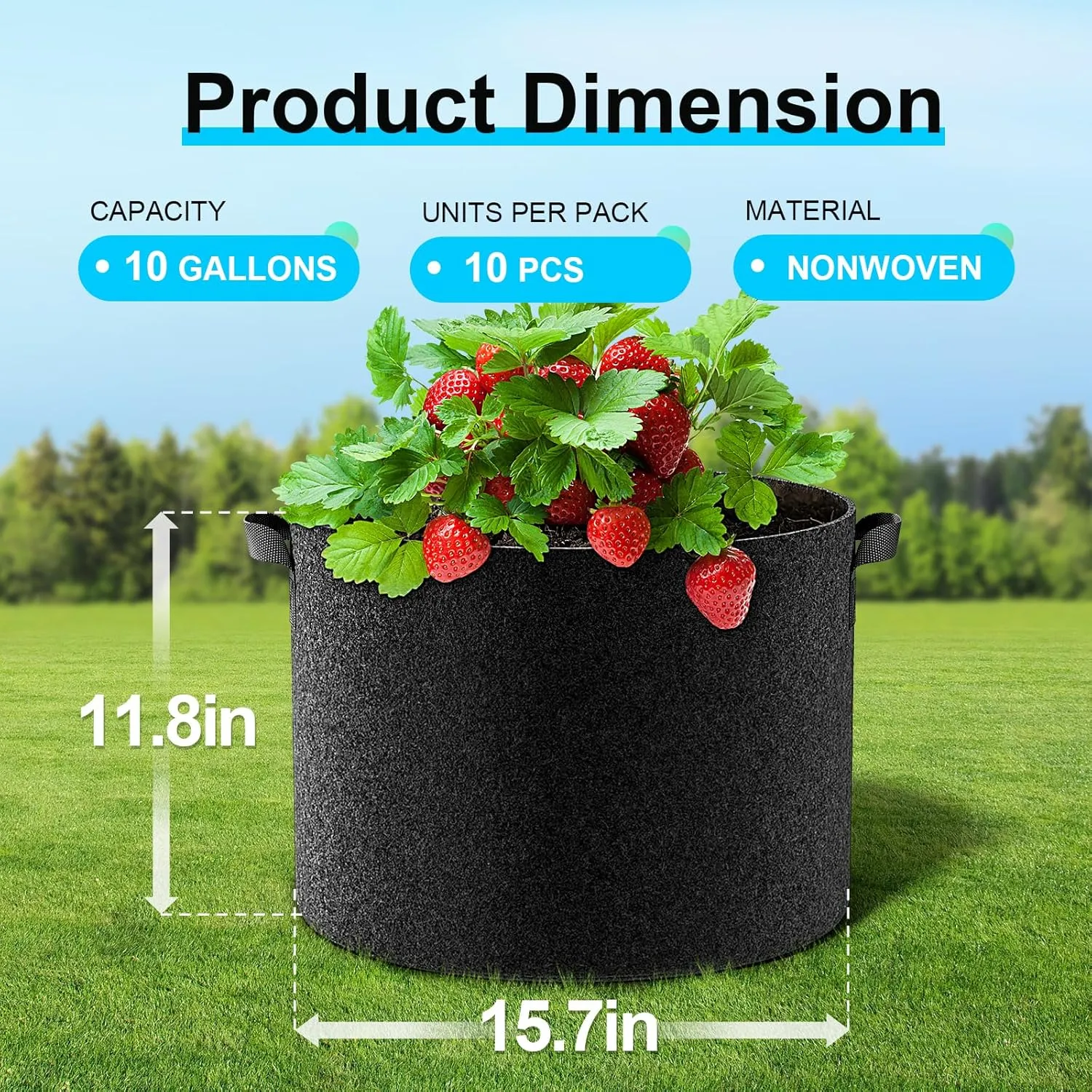 Land Guard 10-Pack Fabric Grow Bags 10 Gallon, 300G Thickened Nonwoven Plant Grow Bags, Grow Pots for Plants, Growing Bags with Handles, Planting Bags for Vegetables, Black