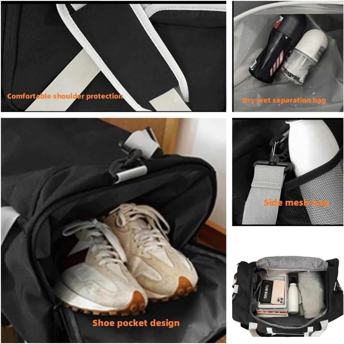 Large capacity men's and women's fitness bags, weekend overnight travel luggage bags, personal belongings travel bag, handbags, fitness dance bag (BLACK A)