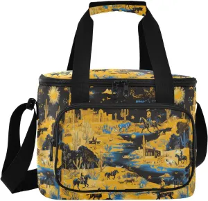 Large Lunch Bag Gold Western Cowboy Art Insulated Cooler Box for Women Men Picnic Camping Beach Handbag 24-Can (18L)