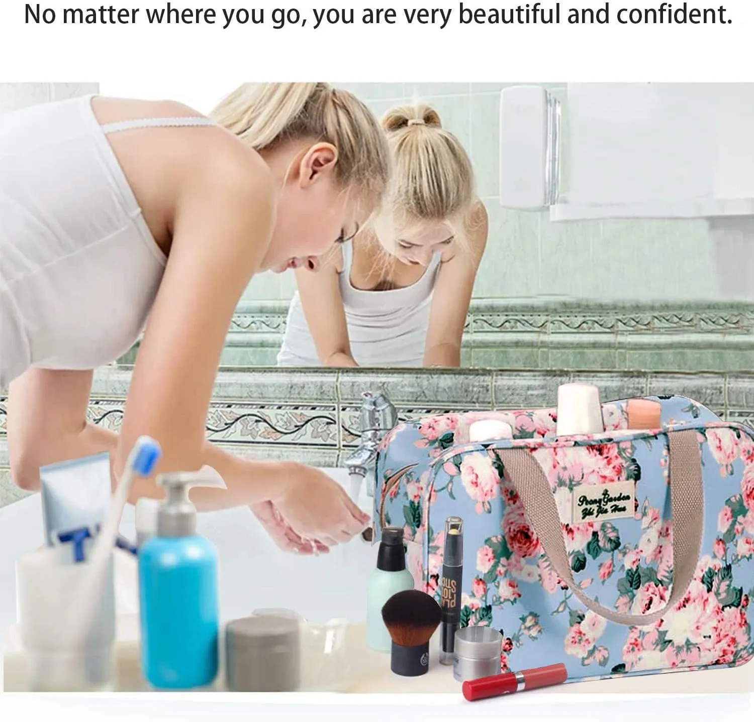 Large Makeup Bag Toiletry Bag for Women Make Up Bag Cosmetic Bag Toiletries Bag Brush Bags for Traveling (Peony Flower)