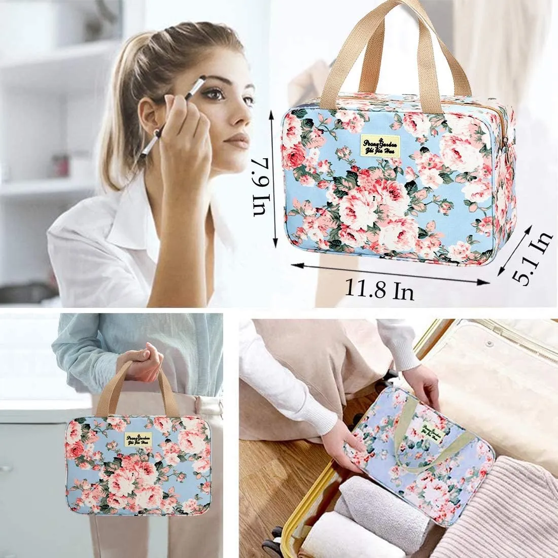 Large Makeup Bag Toiletry Bag for Women Make Up Bag Cosmetic Bag Toiletries Bag Brush Bags for Traveling (Peony Flower)