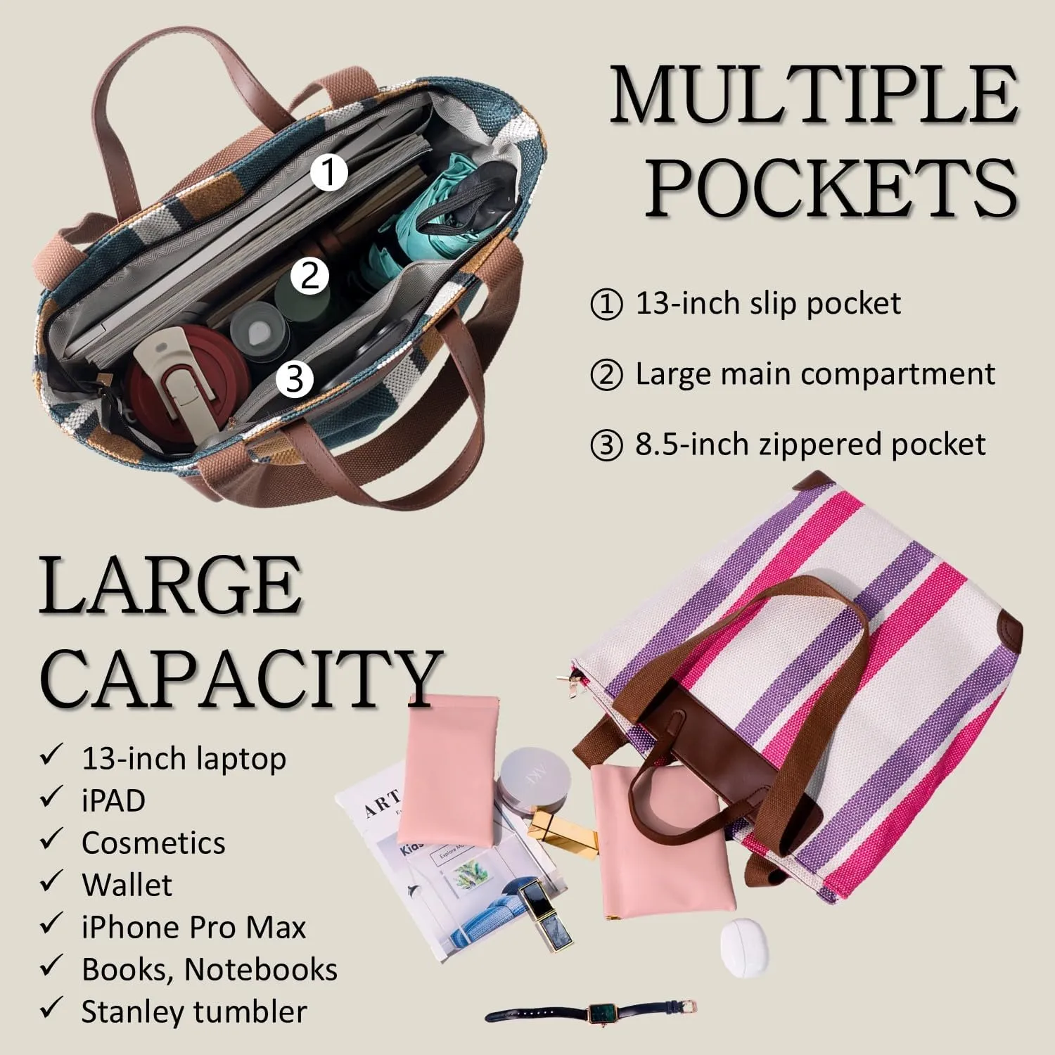 Large Women's Work Tote Bag – Laptop Compartment,Canvas Shoulder Bag for Office & Daily Use,Tote Bag with Spacious Storage