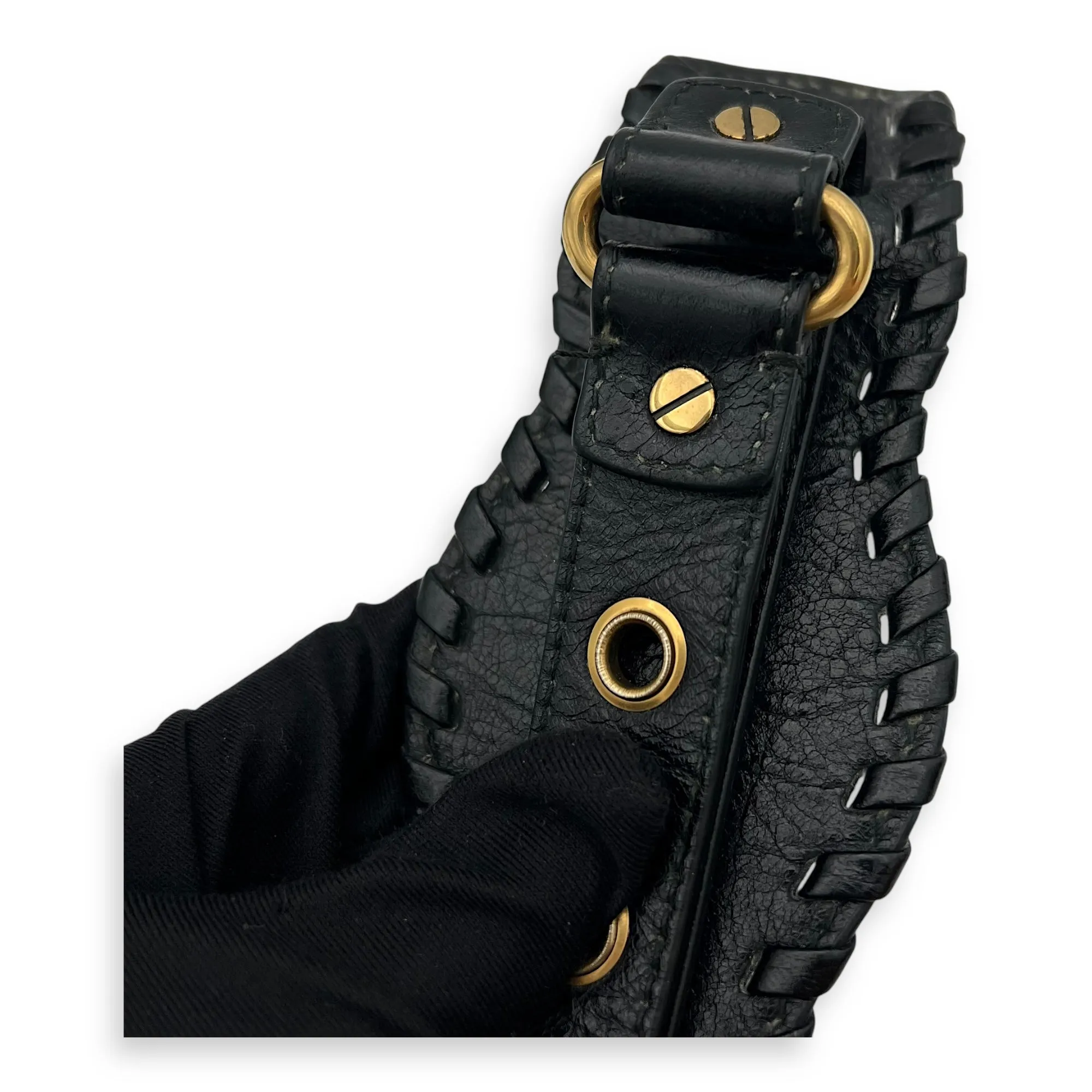 Le Cagole Shoulder Bag Black in Distressed Leather, Gold hardware