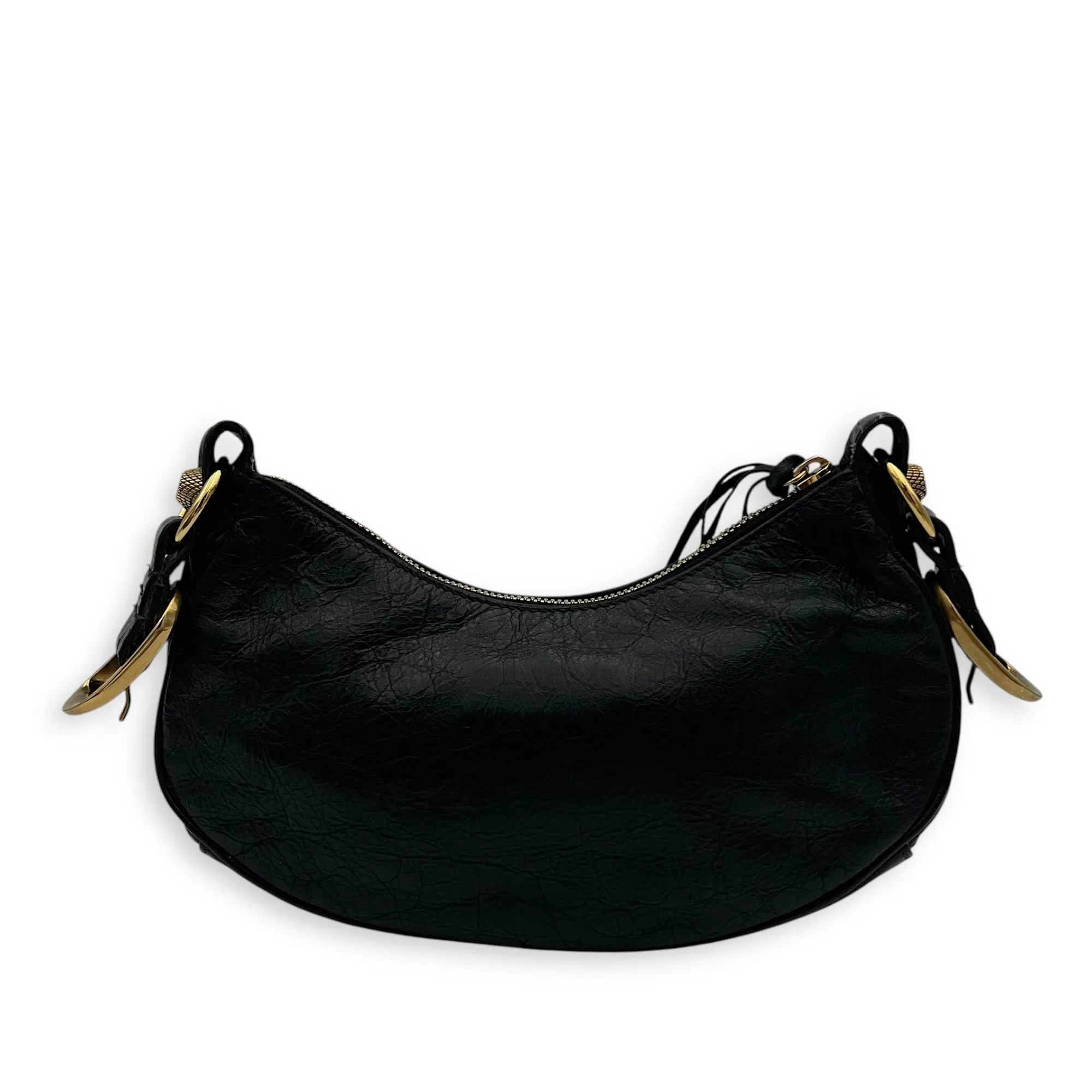 Le Cagole Shoulder Bag Black in Distressed Leather, Gold hardware