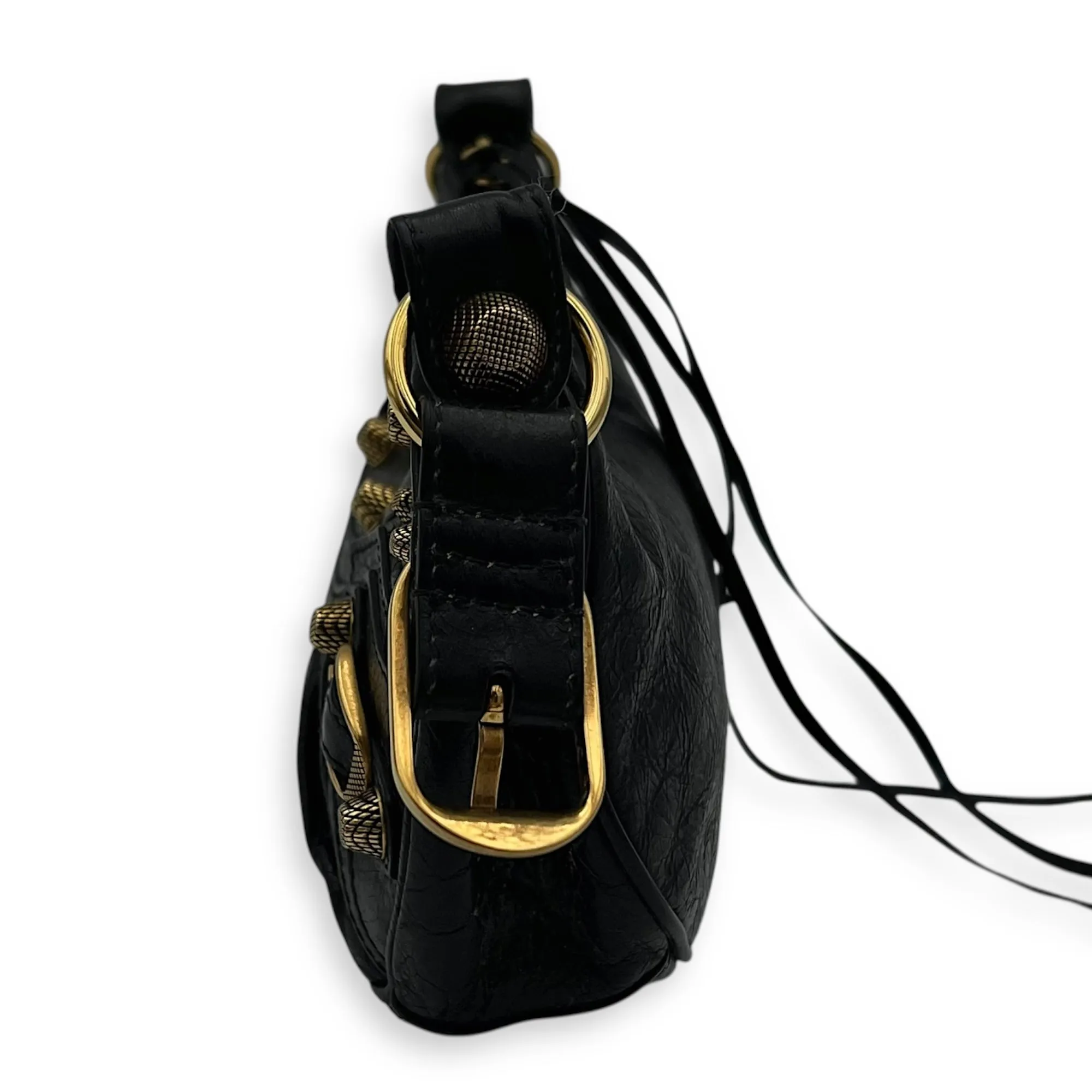 Le Cagole Shoulder Bag Black in Distressed Leather, Gold hardware