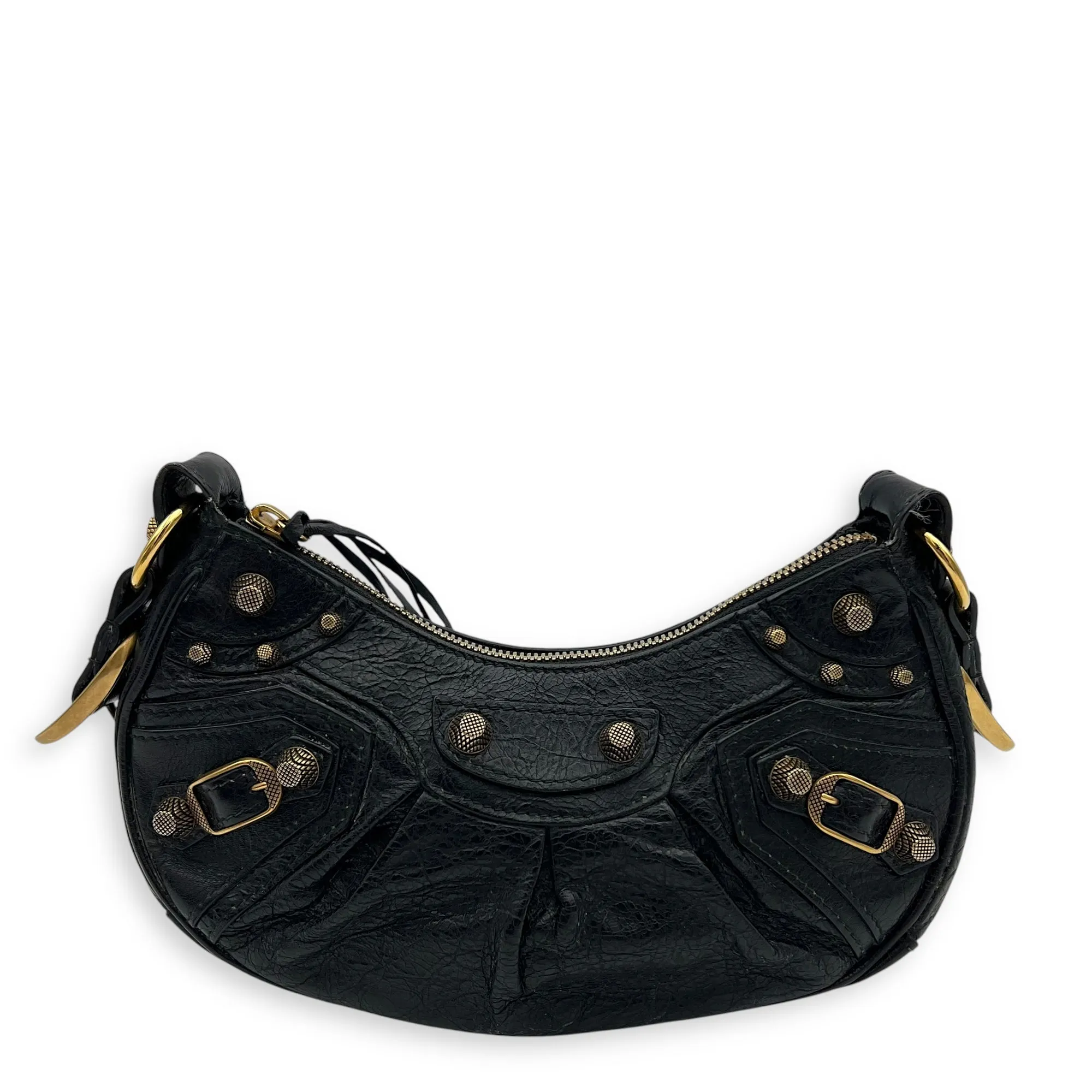 Le Cagole Shoulder Bag Black in Distressed Leather, Gold hardware