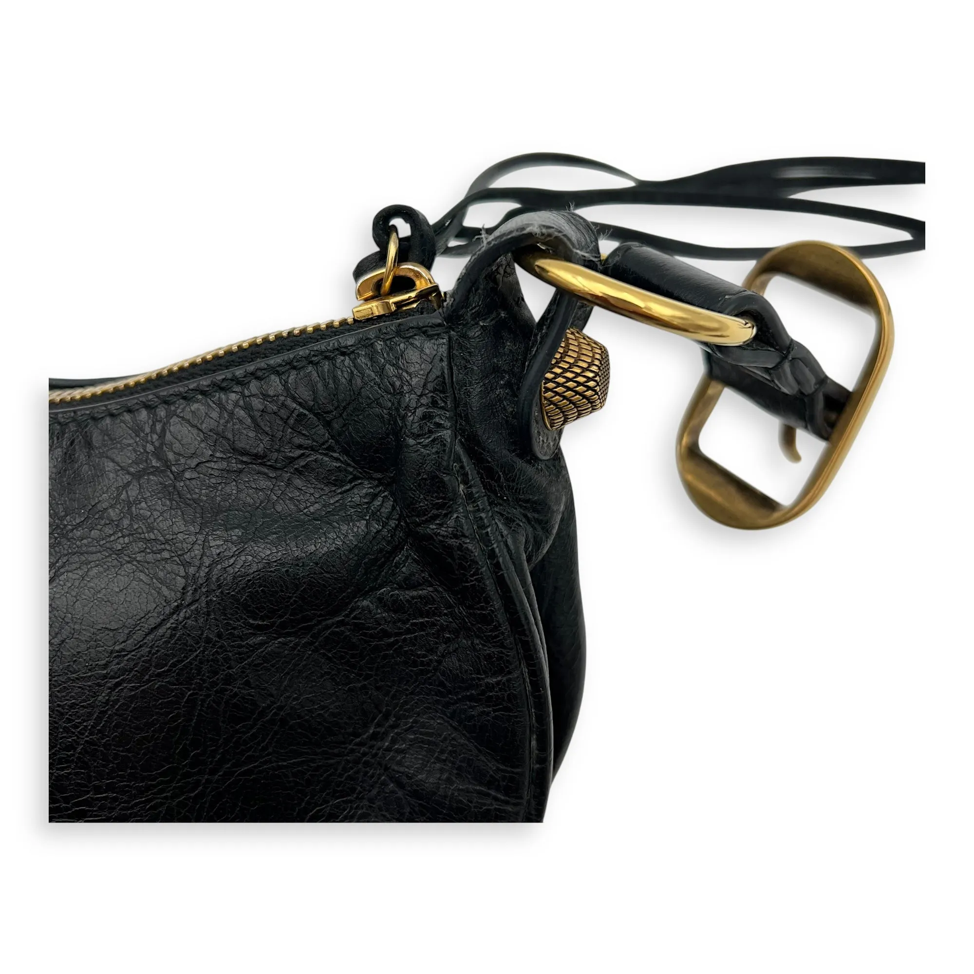 Le Cagole Shoulder Bag Black in Distressed Leather, Gold hardware
