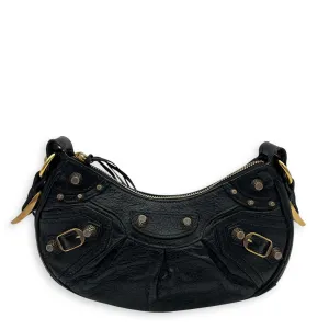 Le Cagole Shoulder Bag Black in Distressed Leather, Gold hardware