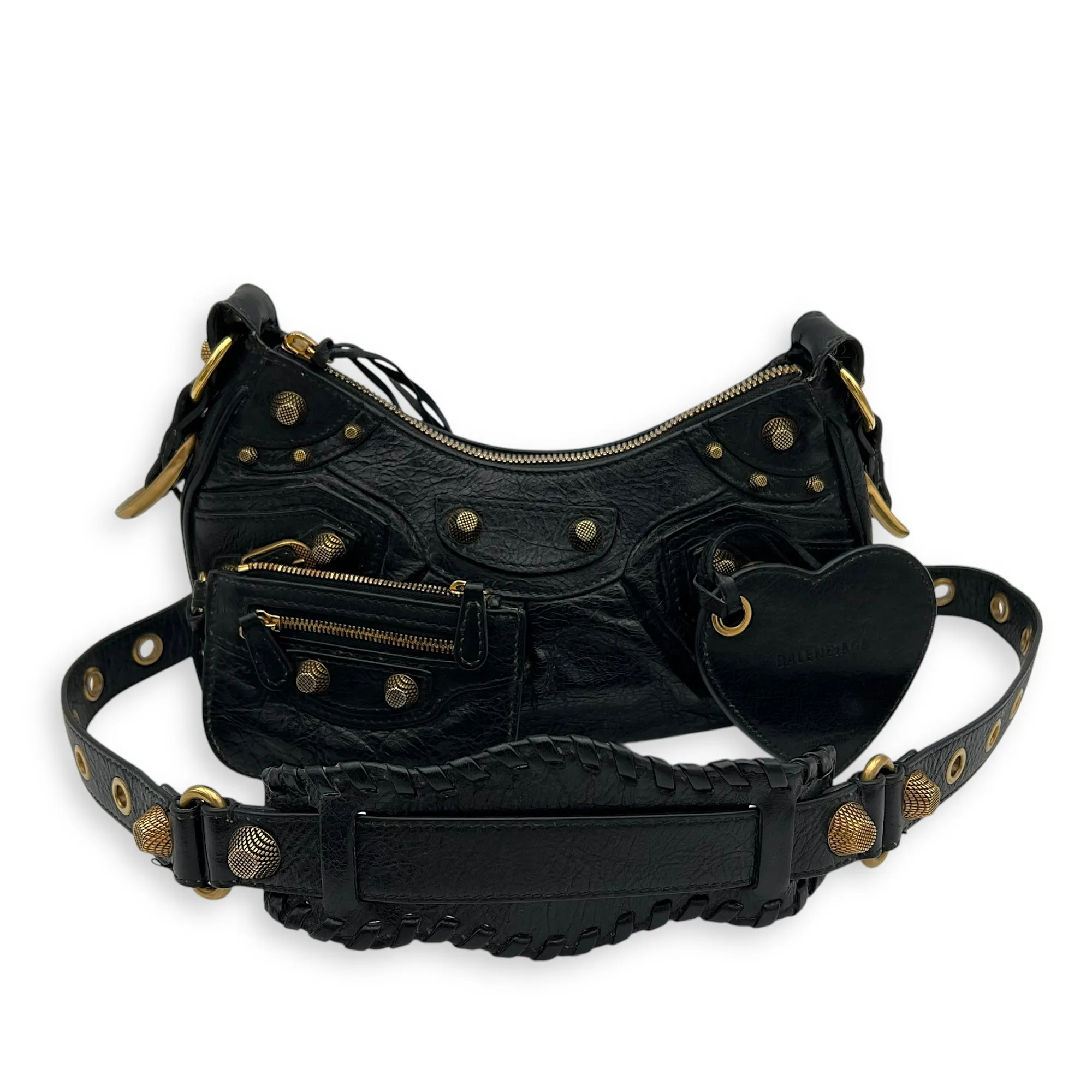 Le Cagole Shoulder Bag Black in Distressed Leather, Gold hardware