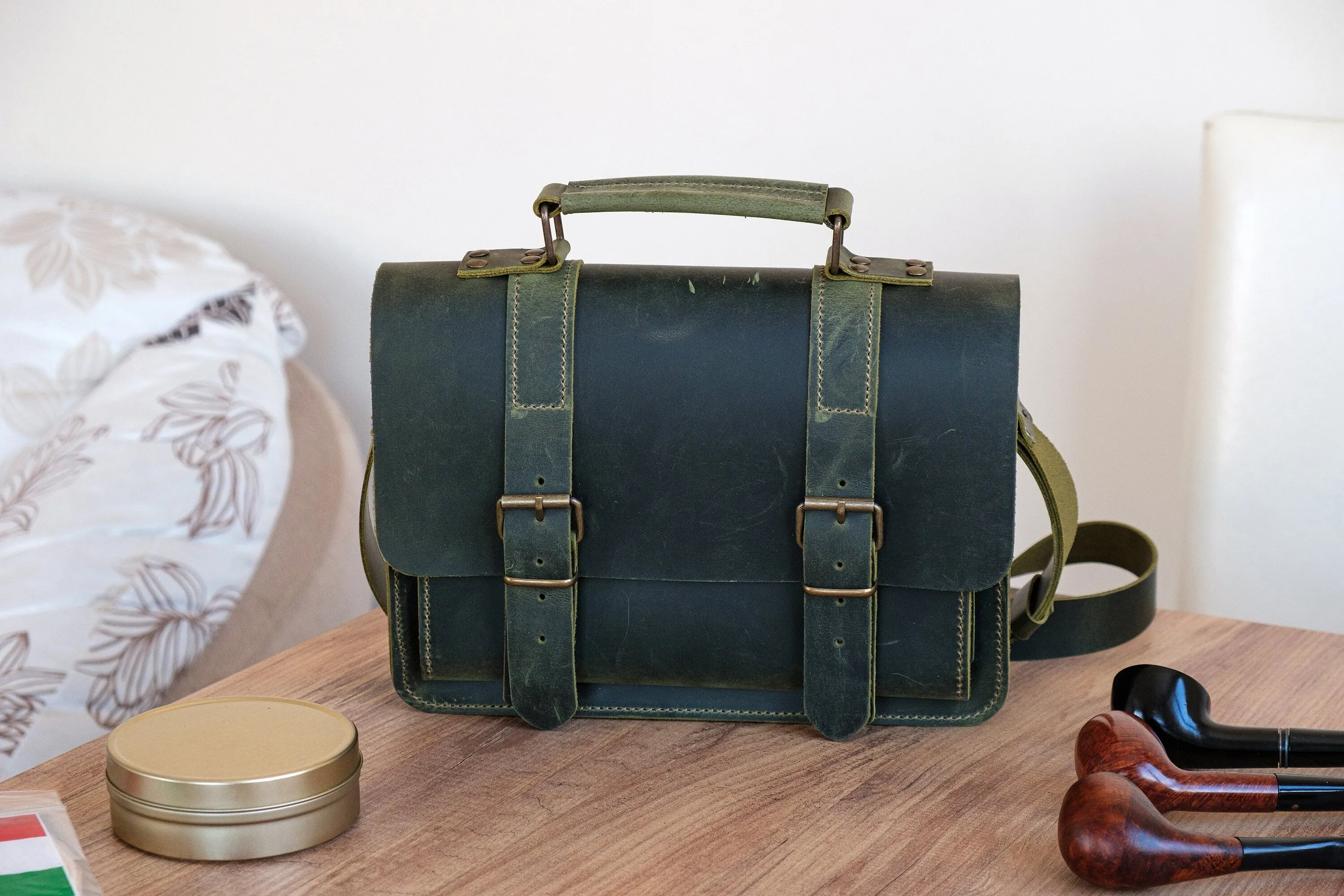 Leather 6-Pipe Messenger Bag, Handmade Shoulder Pipe Tobacco Bag, Crossbody Bag for 6 Pipes