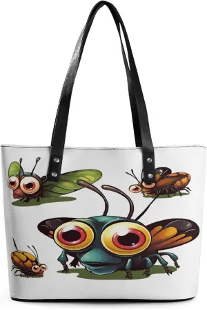Leather Lady's Handbag,Cartoon Insect Print Shoulder Bag,Tote Bags for Women, Shoulder Purses,Work Handbags