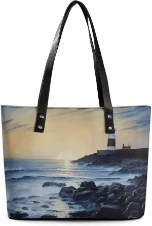 Leather Lady's Handbag,The Seaside Lighthouse Print Work Handbags,Tote Bags for Women,Shoulder Hobo Handbags,Casual Tote Bag