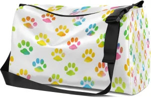 Leather Sport Gym Bag Colored Dog Footprints Weekender Bag for Women and Men Carry On Bag Puppy Footprints Travel Duffel Bag